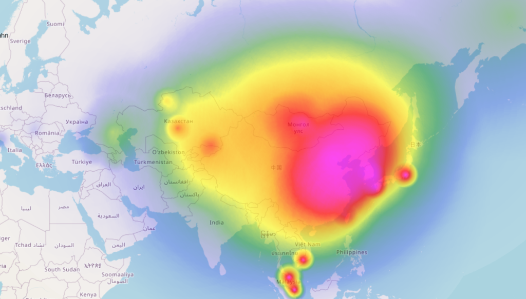 Карта распространения гаплогруппы C2 по данным Yfull (Y Heatmap)